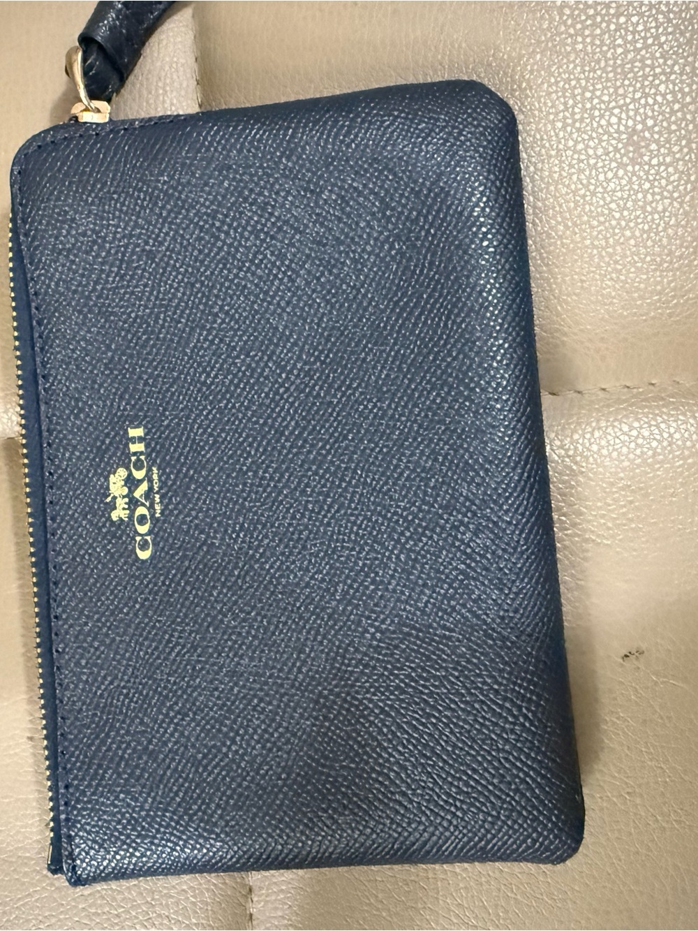 COACH Navy Leather Zip Wristlet Wallet with Gold Logo